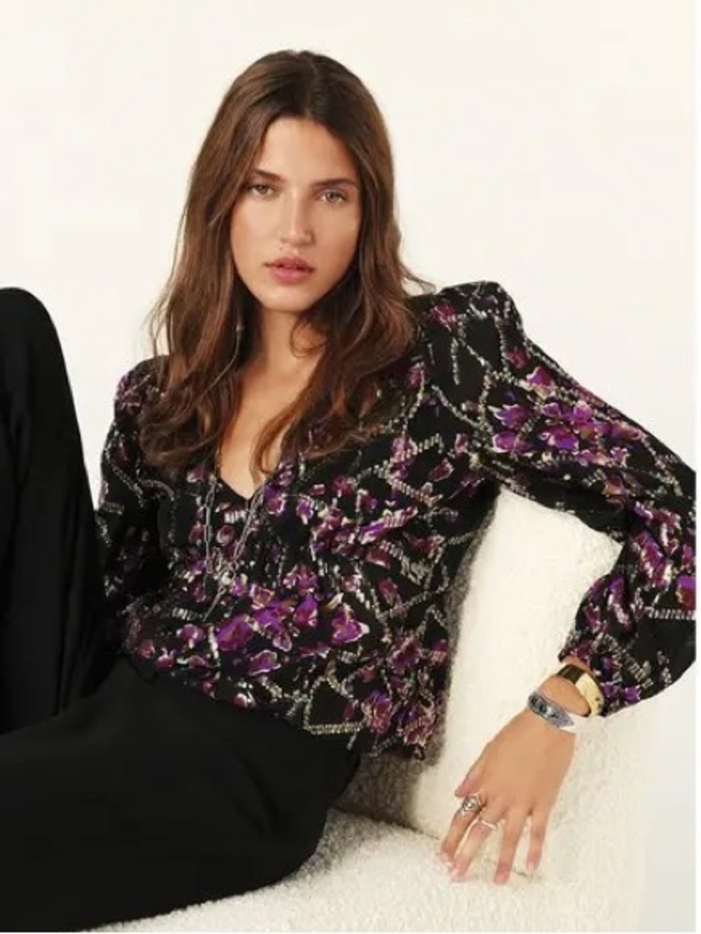 ba&sh Divine Silk Blend Gold Lurex Long Sleeved Peasant Top in Noir US Size 4 - Picture 5 of 15